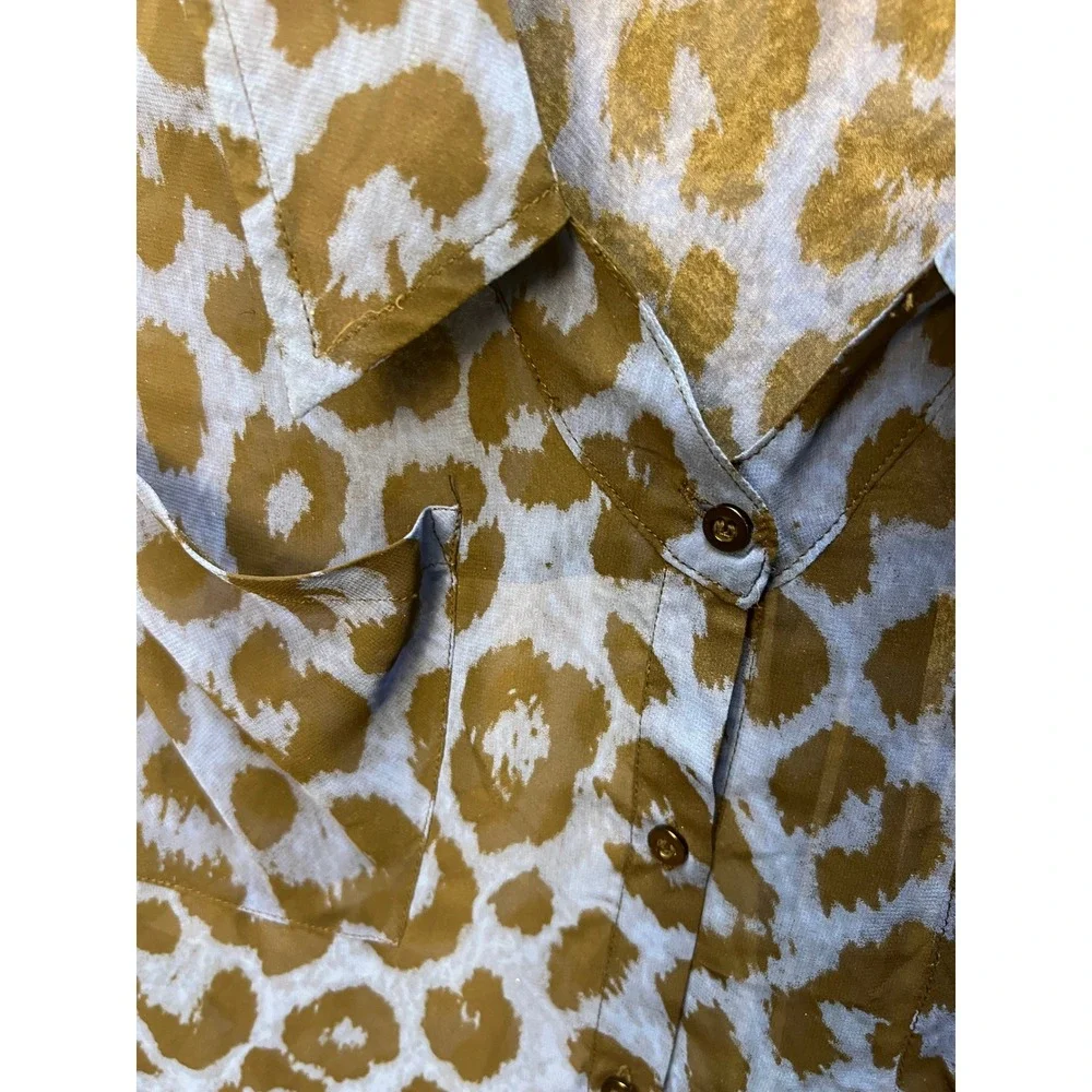Free People Blue Leopard Animal Print Sheer Button Down Shirt XS Pocket Top